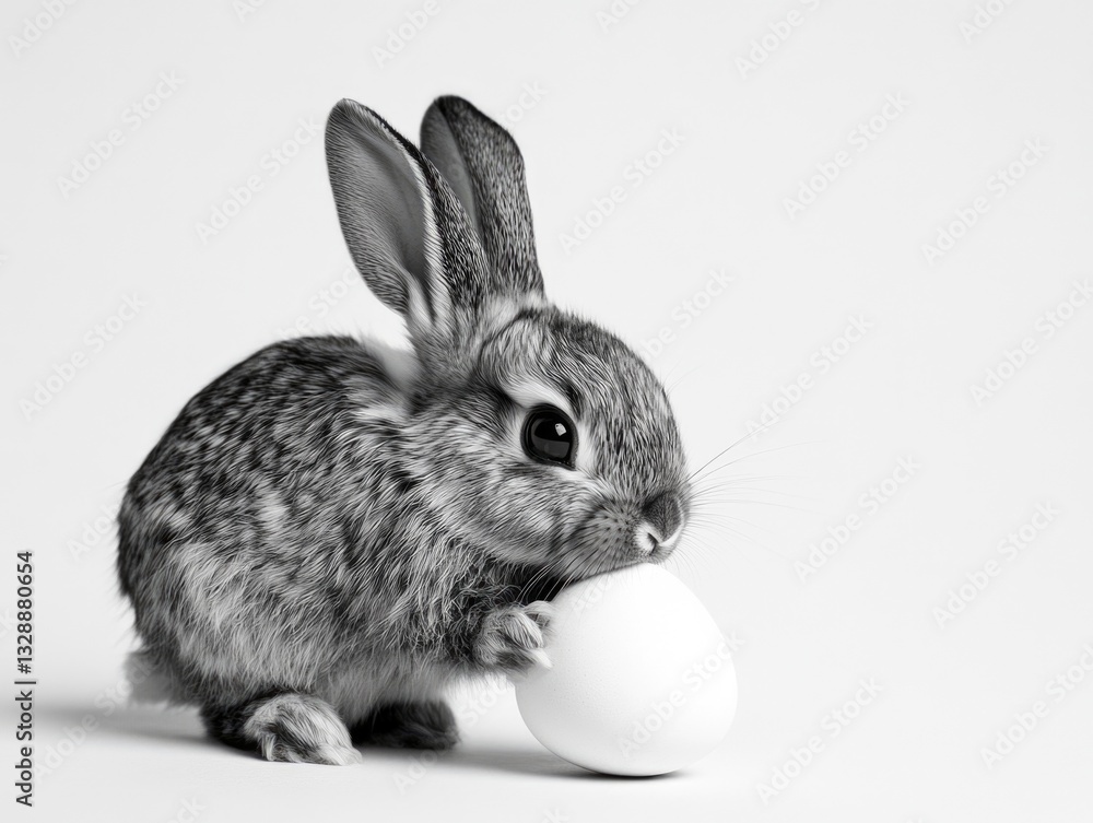 Poster A small rabbit enjoying an egg meal on a clean white surface