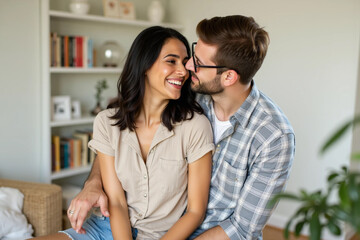  Romantic Indian Couple Embracing and Smiling in Cozy Living Room
