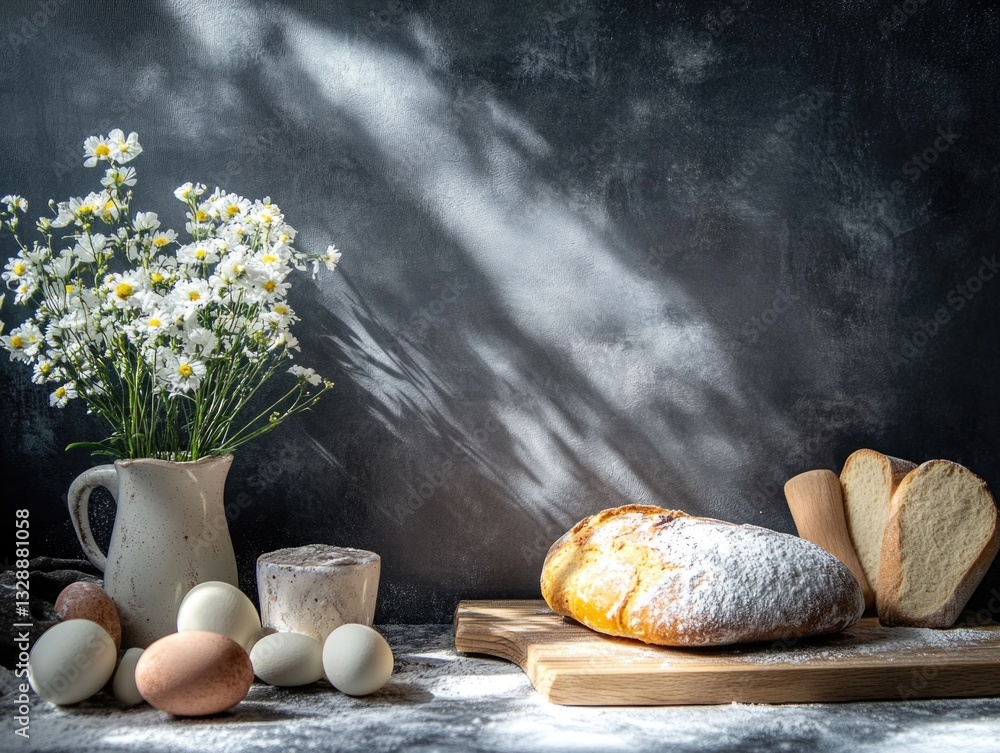 Poster a simple breakfast scene with a vase of flowers on the table