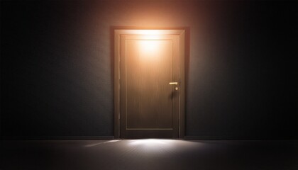 Intriguing closed door subtly illuminated from behind with a faint glowing light, creating a captivating mystery of what lies beyond. Evokes suspense and anticipation