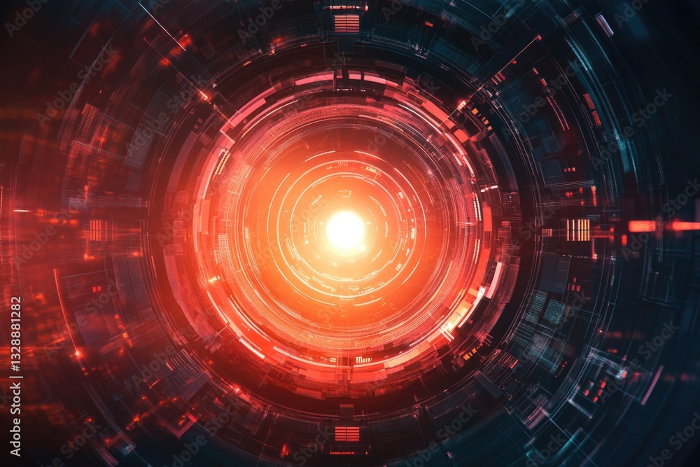 Poster a red and blue circular tunnel with a beacon of light at the end