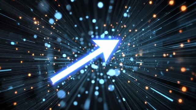 Dynamic blue arrow pointing upwards, surrounded by glowing particles and lines, symbolizes growth and progress in digital technology, creating energetic atmosphere.