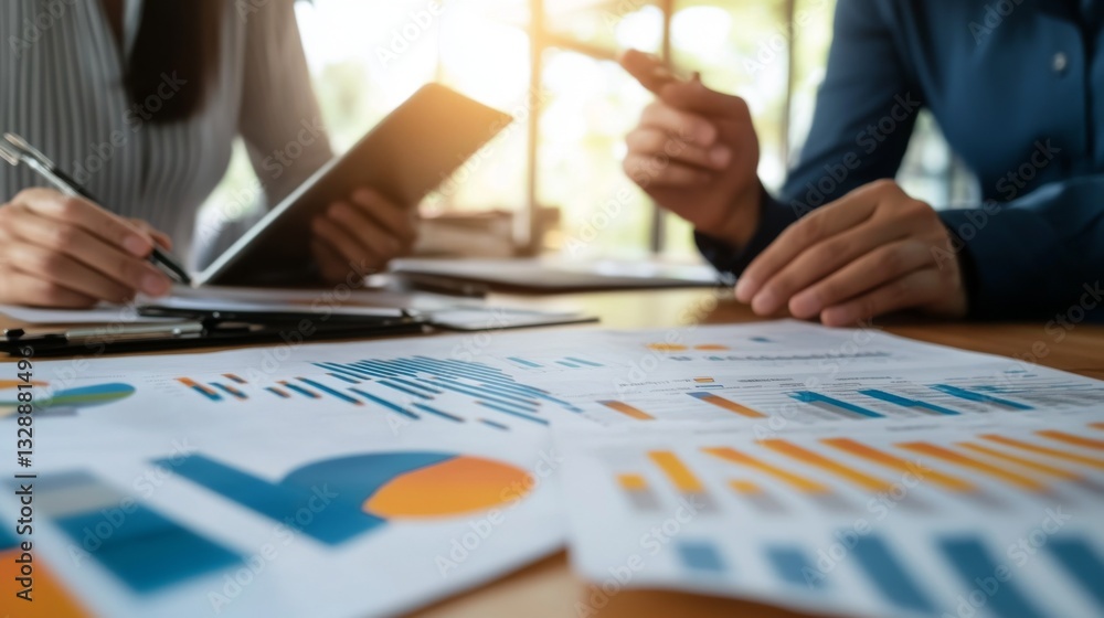 Poster A professional analyzing and discussing business performance graphs with colleagues in a modern office, with charts and data visible on a wall-mounted screen.