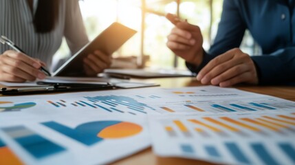 A professional analyzing and discussing business performance graphs with colleagues in a modern office, with charts and data visible on a wall-mounted screen.