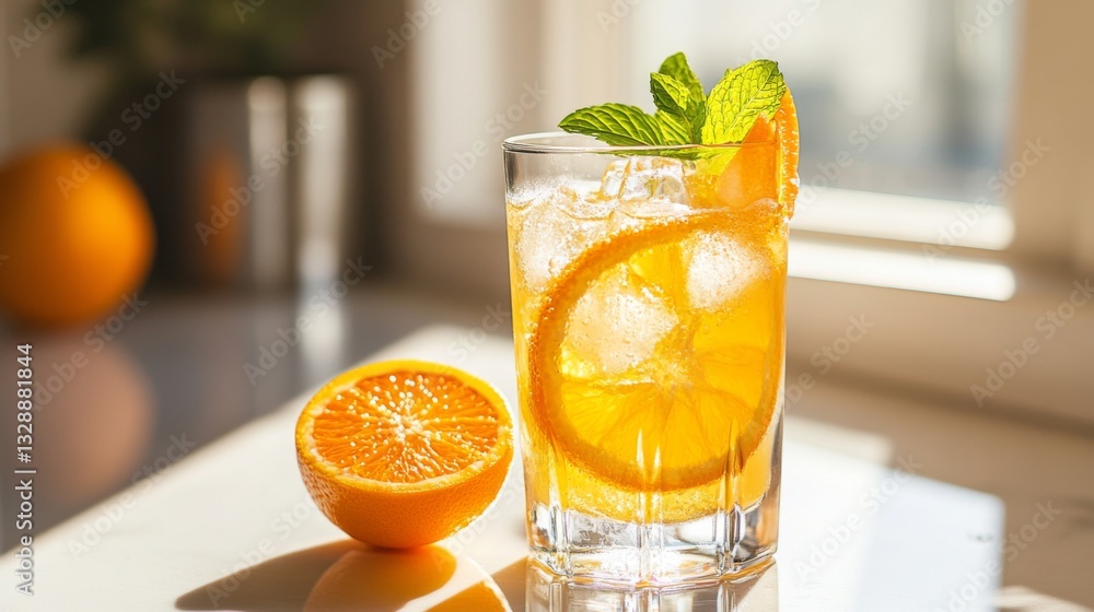 Poster A refreshing glass of freshly squeezed  with ice cubes, garnished with a slice of orange and a mint sprig, set on a bright, sunlit kitchen counter.