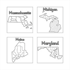Minimalist state maps, Black and white line drawings, Massachusetts Michigan Maine Maryland outlines, US geography coloring book pages, Simple vector state shapes, Educational state border.