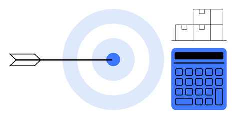 Obraz premium Arrow piercing center of target alongside calculator and stacked boxes representing accuracy, planning, logistics, goals, finance, strategy, productivity. Ideal for business, supply chain flat