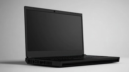 Fototapeta premium A black laptop computer is sitting on a white surface