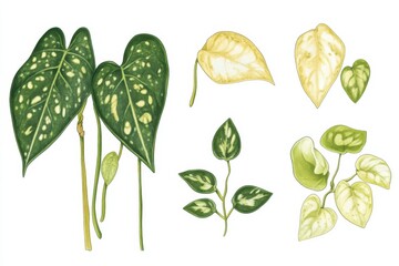 Illustration showcasing various parts of Epipremnum aureum with distinctive leaf patterns and colors