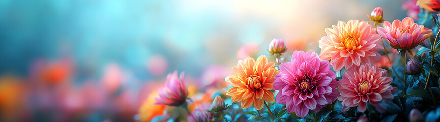 beautiful spring background with colorful flowers in the garden, blooming dahlia and chrysanthemum flowers