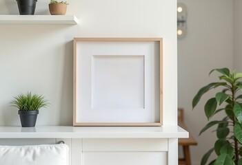 Square wooden frame mockup on a white cabinet in bright room