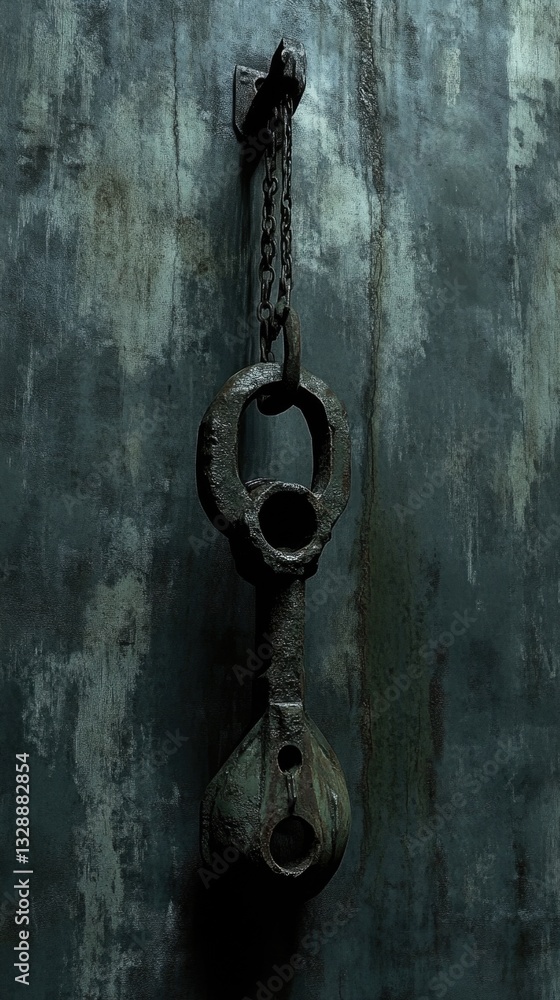 Poster a rusty metal object is hung on the wall, with a worn-out appearance