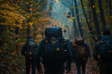 Fototapeta premium Hikers with backpacks walking through a foggy forest in autumn enjoying falling leaves