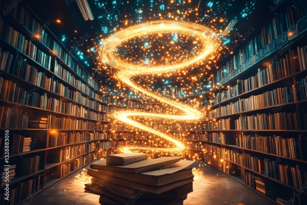 Poster mystical swirling lights illuminate a library filled with ancient books during the evening hours