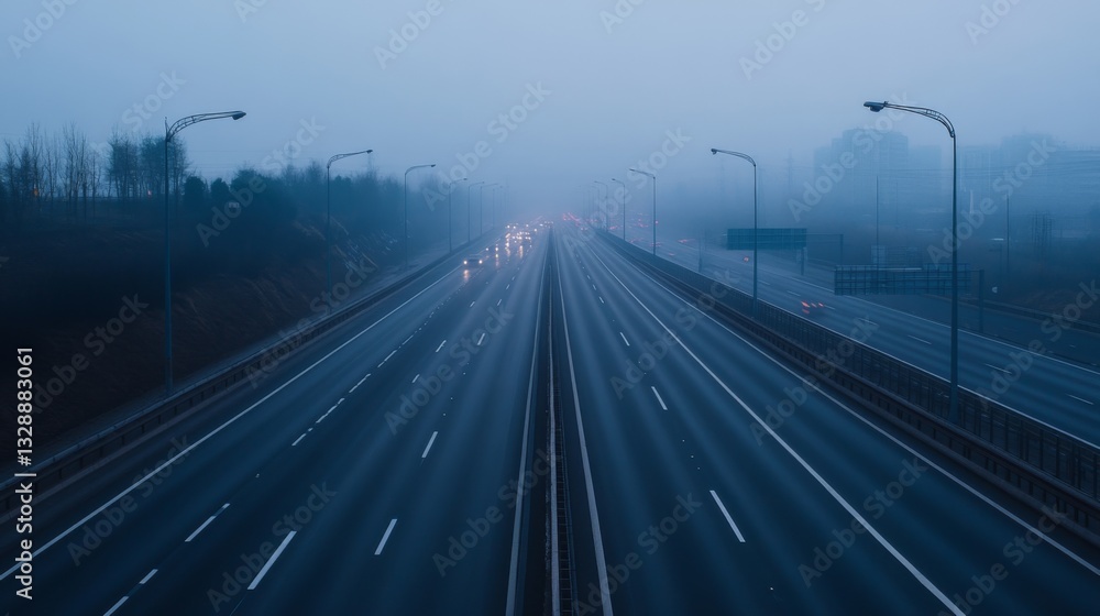 Poster a serene image of an empty expressway during early morning hours, with soft, diffused light and mini