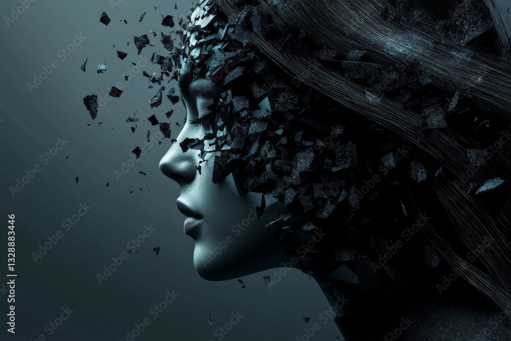 Fototapete Artistic representation of a dissolving figure in a dark atmosphere capturing themes of fragmentation and identity