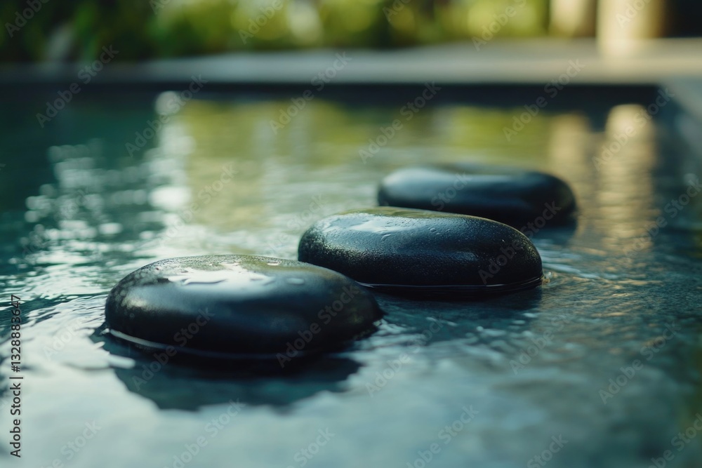 Poster a row of black stones sitting on the edge of a pool, perfect for use in interior design or photograp