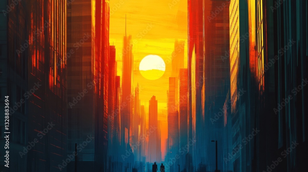 Poster a stunning view of the sun setting between towering skyscrapers, casting a golden glow and long shad