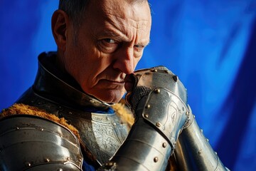 Naklejka premium A person wearing medieval-style armor in a close-up shot