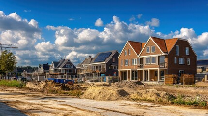 New homes, sunny suburb, construction