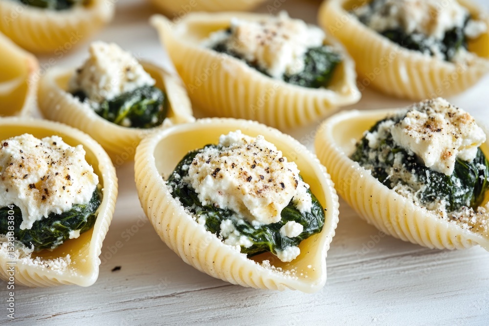 Poster a table setting with pasta shells filled with cheese and spinach, perfect for a comforting meal