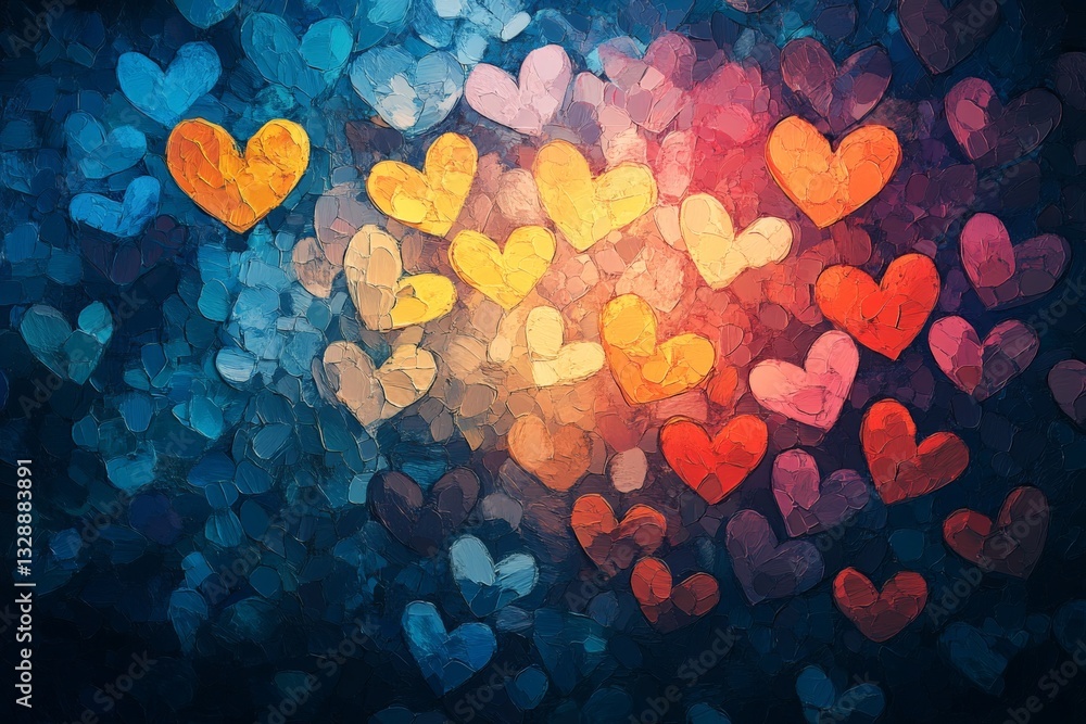 Poster colorful hearts create a vibrant display of love against a dark blue background in an abstract desig