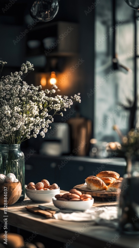 Poster a table set with breakfast plates and a vase of flowers