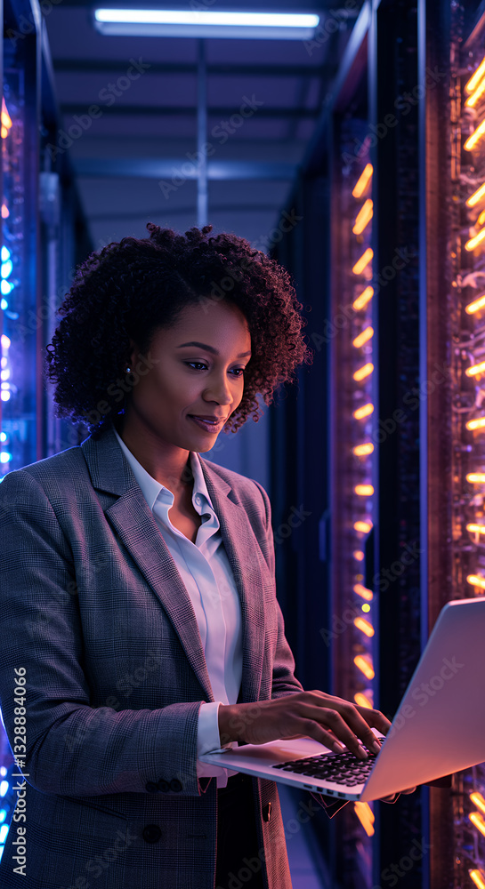 Aufkleber tech professional: confident it woman coding in data center | cybersecurity, cloud solutions & ai in