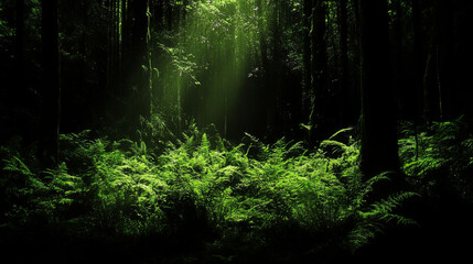 Fototapeta premium Lush green forest with sunlight filtering through trees, creating serene atmosphere