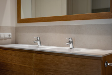 Elegant double sink bathroom vanity with wood cabinets and large mirror