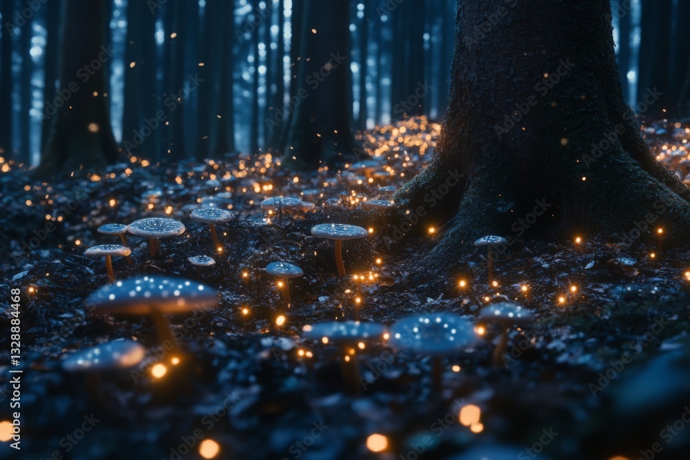Aufkleber Enchanted forest setting with glowing mushrooms at twilight creating a magical atmosphere