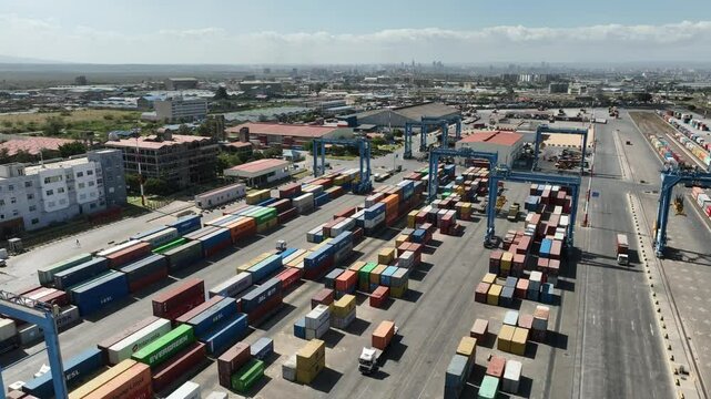Nairobi, Kenya - 01 February 2025: Aerial view of Nairobi Inland Container Depot with stacked shipping containers and cranes, Nairobi, Nairobi, Kenya.