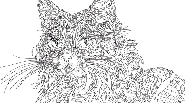Intricate line art of a Maine Coon cat.