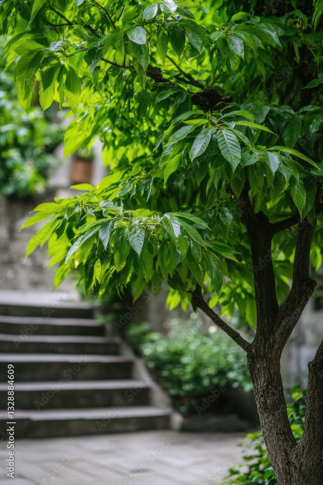 Poster a single tree stands in front of a staircase, perfect for decorating or architectural uses