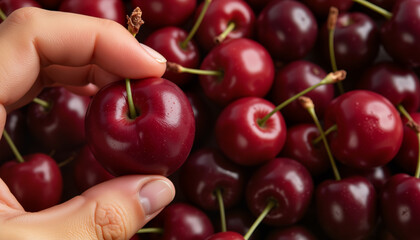 Close-up of fingers picking a ripe cherry from a pile of fresh fruit