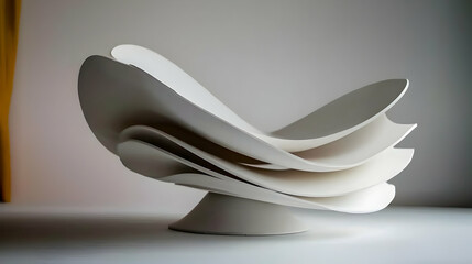 A modern white sculpture with layered petal like forms