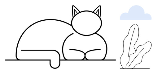 Sleeping cat outlined in minimalist design alongside a leafy plant and cloud. Ideal for creativity, relaxation, simplicity, nature, mindfulness, minimalism, calm. Flat simple metaphor