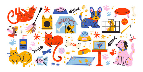 Pet supplies set. Cartoon collection of accessories for cats, dogs. Food bowls, toys, collars, leashes, beds, and cages. Fun vibrant retro doodle style stickers for pet lovers and veterinary shops.