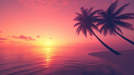 Serene Tropical Sunset Over Calm Ocean Waters with Silhouetted Palm Trees and Colorful Sky Reflections Creating a Tranquil Atmosphere