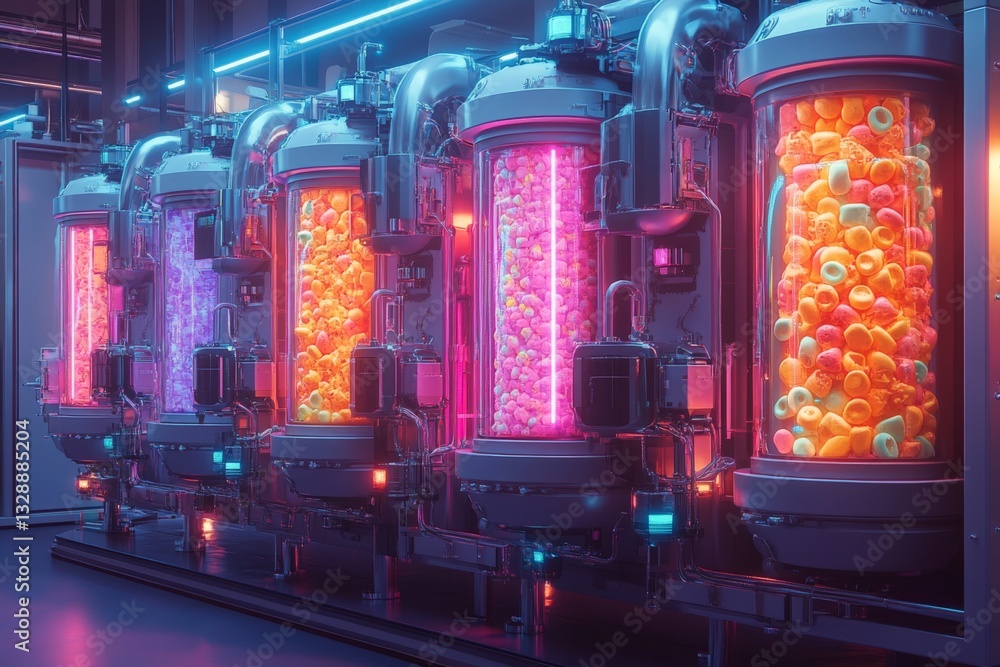 Poster Colorful glowing containers filled with fruits in a futuristic laboratory setting