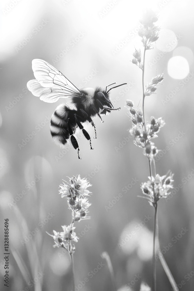 Poster a close-up shot of a bee sitting on a flower, with a simple background