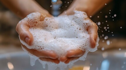 Fototapeta premium Human hands cupping foamy soap under a running water source