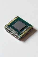 Detailed view of a central processing unit microchip on a white background