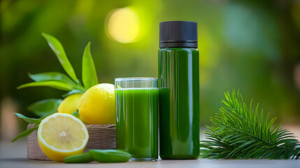 Fresh green juice alongside lemons and healthy green foliage display