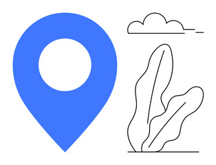 Large blue map pin with abstract plants and cloud in minimal outline style. Ideal for navigation, travel, nature, simplicity, user interface, map pins, and geo concepts. Modern flat simple metaphor