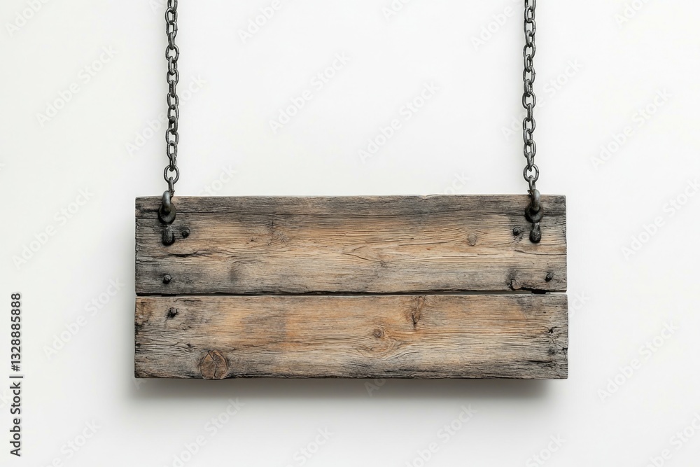 Poster a rustic wooden sign hangs from a chain on a wall, perfect for decorating or as a prop in a rustic-t