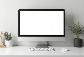 iMac computer mockup with blank white screen on desk