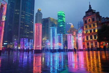 Obraz premium Vibrant city lights reflecting on wet pavement during a lively evening in a modern urban setting