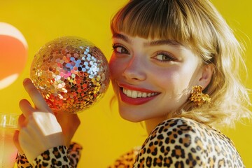 Naklejka premium A woman holds a disco ball in front of her face, creating a reflective and playful atmosphere