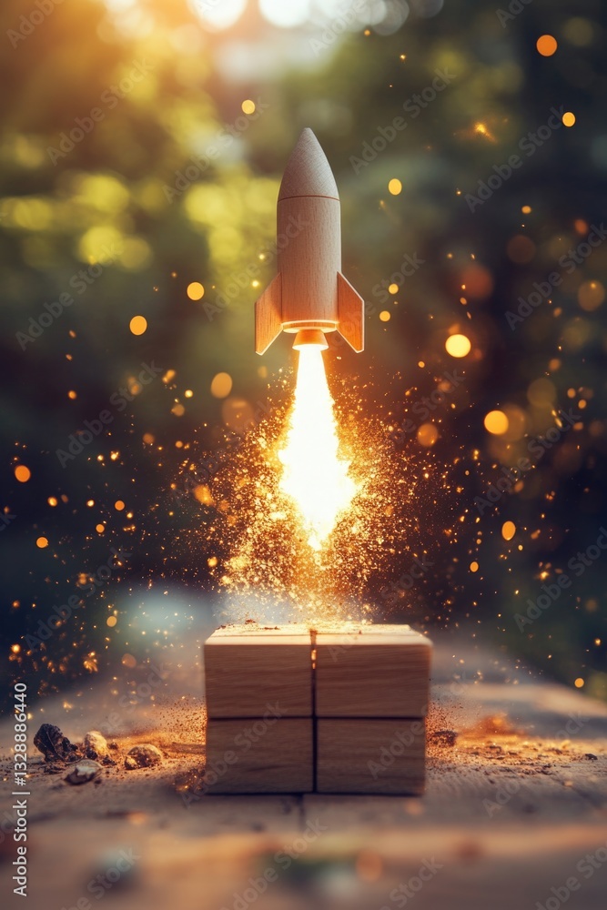 Poster a wooden block with a small rocket emerging from it, suitable for use in illustrations about creativ